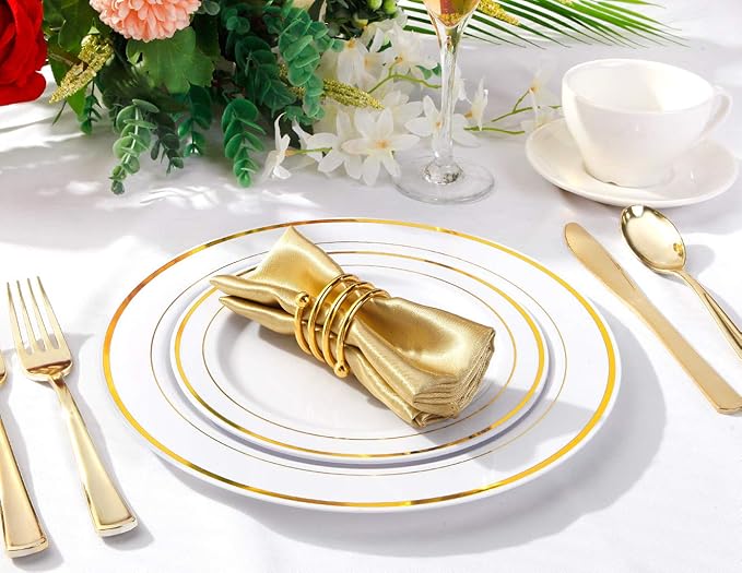 bUCLA 100Pieces Gold Plastic Plates -7.5inch White and Gold Disposable Salad/Dessert Plates - Ideal for Weddings, Party & Thanksgiving