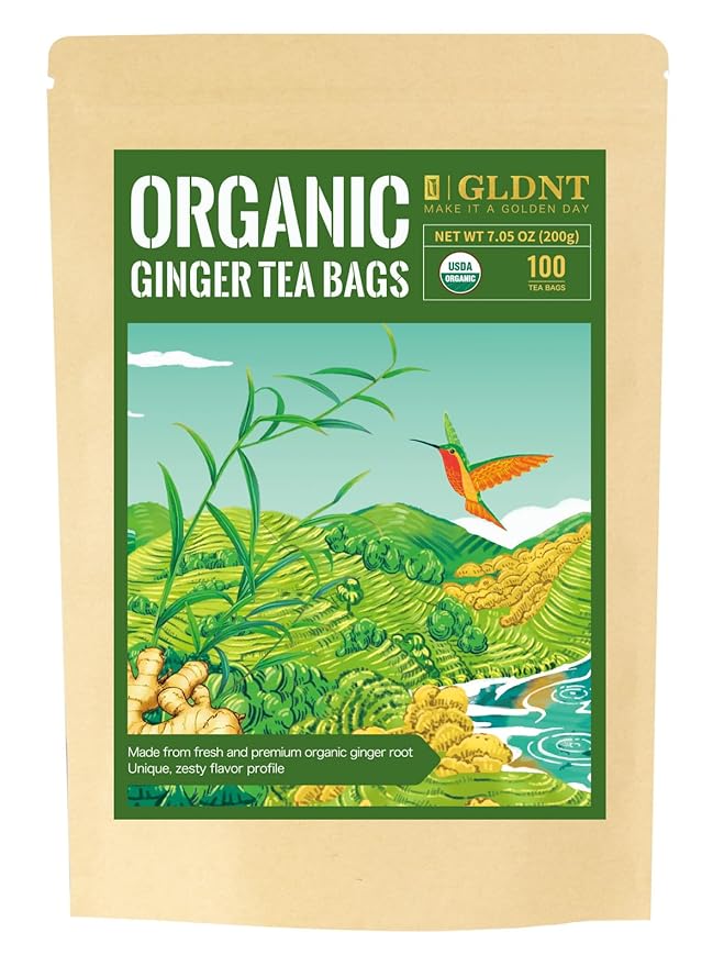 GLDNT Organic Ginger Tea Bags, Natural Organic Ginger Root Tea, Spicy & Zesty Flavor, Caffeine Free, 100 Count