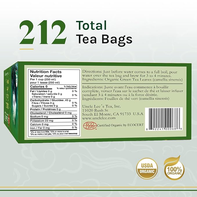 Uncle Lee's Organic Green Tea Bags 2-Pack, 106-Count Super Packs – Bright & Refreshing, Lightly Caffeinated Bulk Tea for Home, Office, Camping