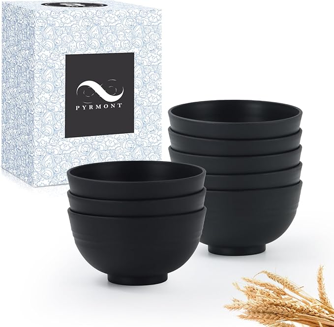 PYRMONT Unbreakable 10 OZ Bowls Wheat Straw Bowls Set of 8 Alternative Plastic Bowls Reusable Dishwasher & Microwave Safe Small Bowls for Kitchen,Camping,Small Ice Cream Bowls for Party-Black