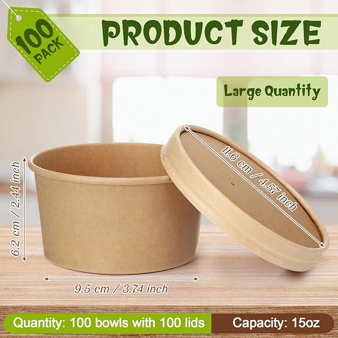 Fulmoon 100 Pack Paper Soup Containers with Lids Disposable Paper Food Containers with Vented Lid Kraft Ice Cream Cake Dessert Cups Soup Bowl for Party Hot Food Fruit Microwave(15 oz,Brown)