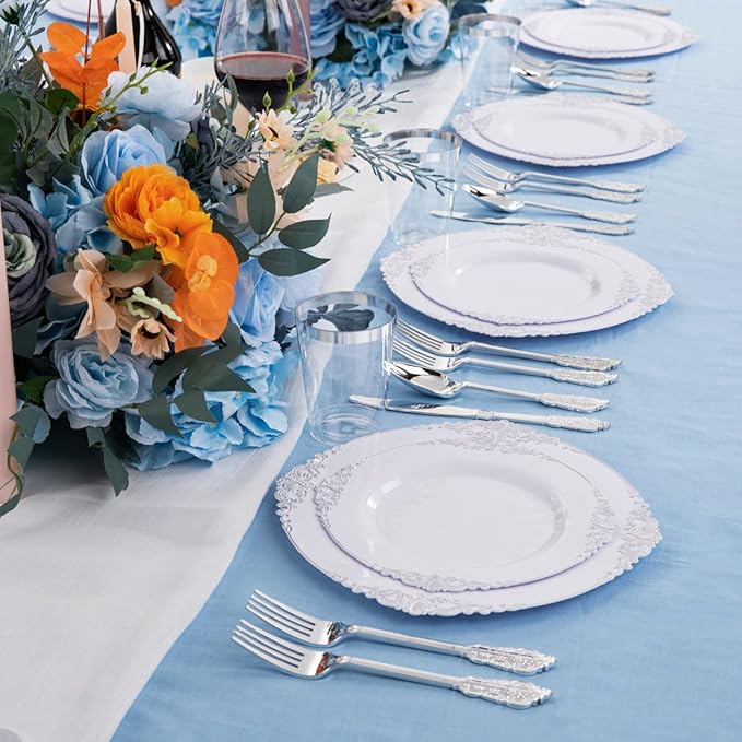 Hioasis 100pcs White Silver Plastic Plates for Party - 7.5" Dessert Plates Disposable, Heavy -duty, Classy and Elegant for Wedding