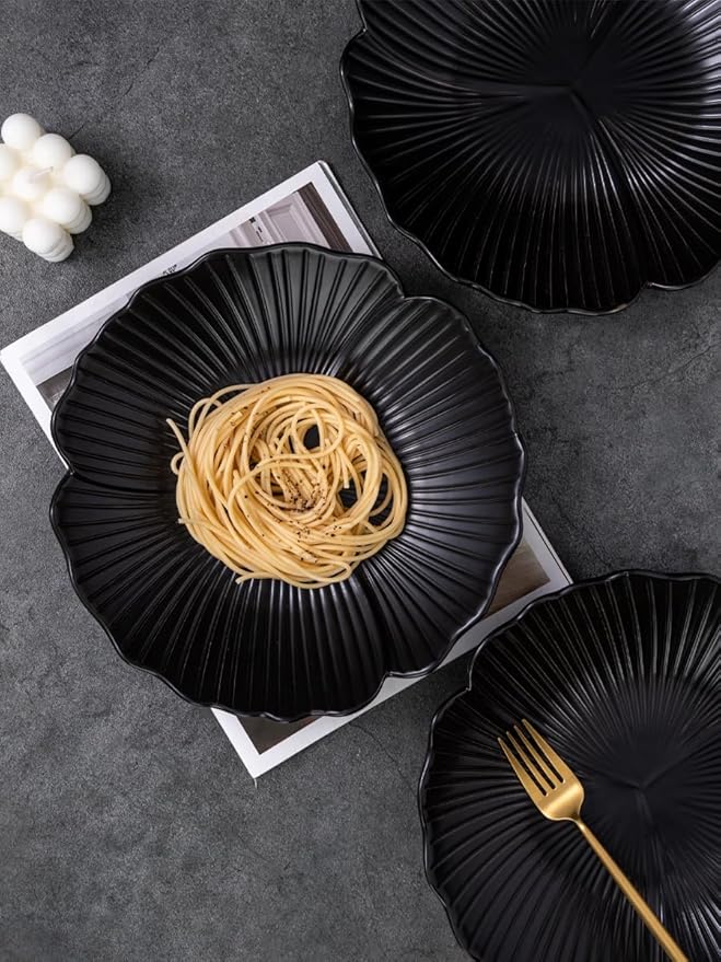 Jusalpha Set of 3-Japanese Style Flower Petal Shaped Porcelain Dinner Plates, Versatile Circular Serving Plates for Breakfast, Salad, Steak Dinner, PL019 (10 Inches, Black)
