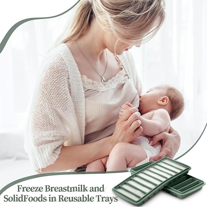 Eaasty 2 Pieces Breastmilk Storage Container Baby Food Milk Silicone Freezer Trays with Lid Breastmilk Freezer Tray Organizer Ice Trays Silicone Storage Bag Tray 10-1 oz Bars(Green)