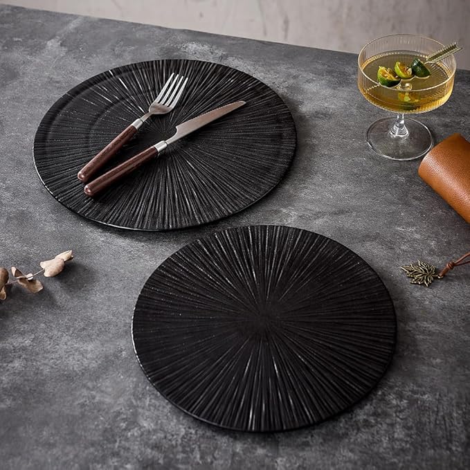 Round Flat Ceramic Serving Plate and Dinner Plate, 2 Pieces Set, 12" & 10" Plates, Elevate Dining Experience (Black, Ray 12" & 10")