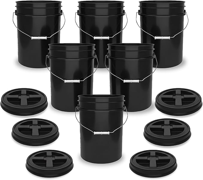 ePackageSupply 5 Gallon Bucket - Food Grade Bucket with Airtight Gamma Seal Screw-On Lid, BPA-Free, Heavy-Duty 90 Mil HDPE Plastic, Bulk Storage, Durable Container, Made in USA, Black/Black, 6 Packs