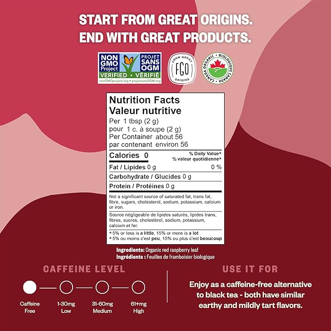 FGO Organic Red Raspberry Loose Leaf Herbal Tea, Cut and Sifted, Caffeine Free, Resealable Bag, 4oz (Pack of 1)
