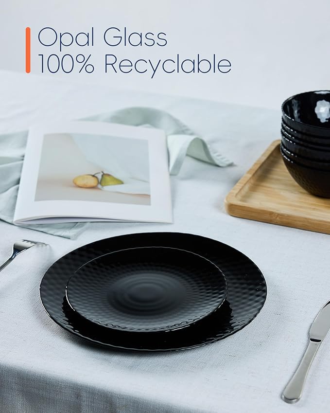 LaGlint 7.5 inch Appetizer Plate Set of 6, Opal Glass Round Geometric Faceted Small Black Plates for Salad Dessert, Kitchen, Dishwasher and Microwave Safe