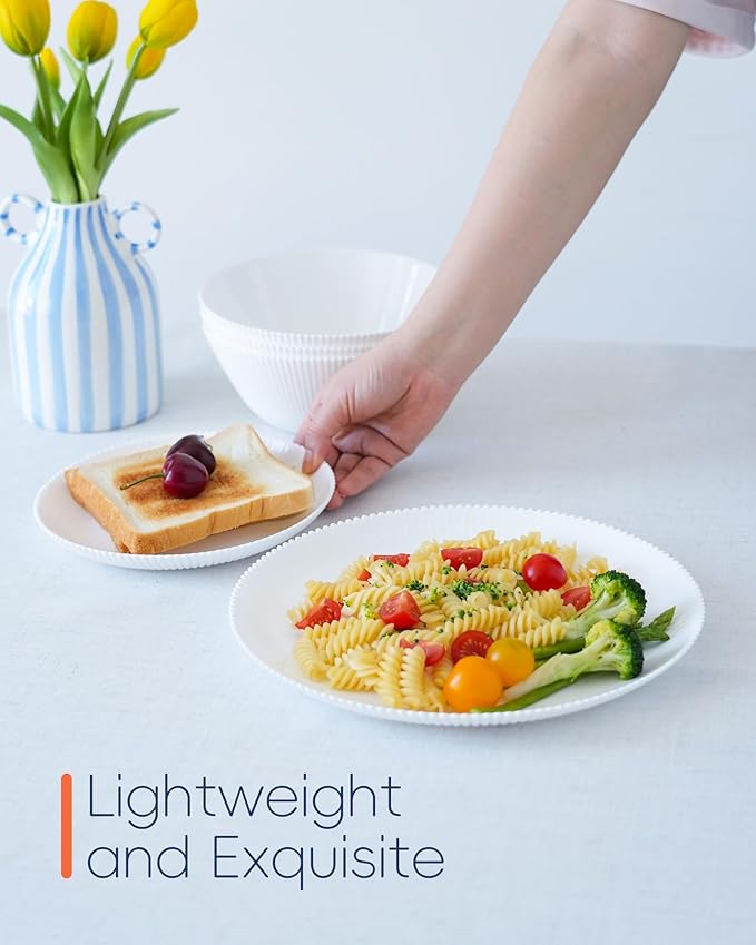 LaGlint 7.5 inch Ribbed Salad Appetizer Plate Set of 6, Opal Glass Round Small White Plates for Dessert, Kitchen, Dishwasher and Microwave Safe