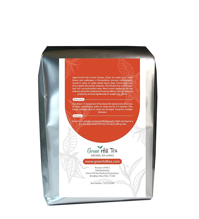 GreenhillTea Aged puerh tea Yunnan Pu-erh – Fermented Loose Leaf Tea, Smooth & Earthy Flavor, Pu-erh tea is an excellent, nutrient-rich choice for brewing kombucha, NO GMO , NO Additives , 100% natural 1 LB