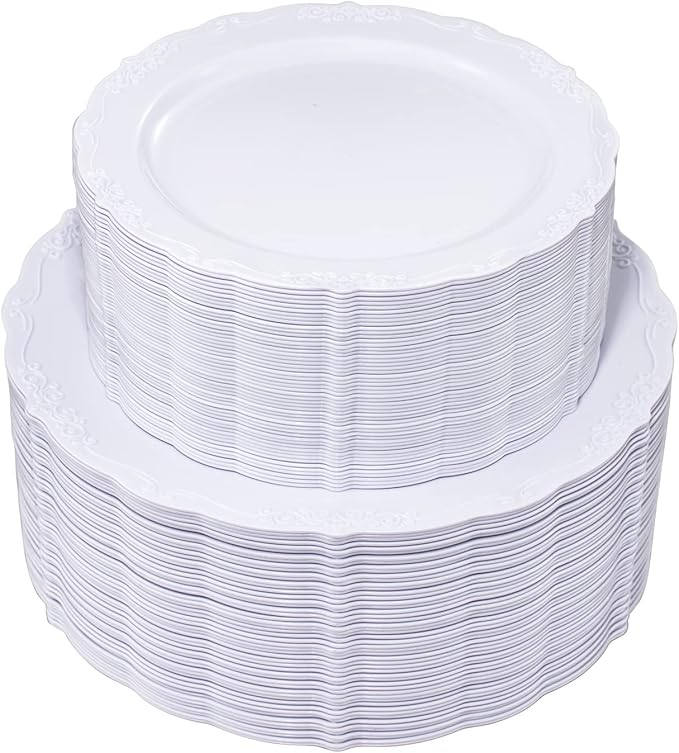 U-QE 100 Pieces White Plastic Plates - White Disposable Plates - Premium Hard Plastic Disposable Plates for Wedding and Party Use Including 50 Dinner Plates 10 '' & 50 Dessert Plates 7.5 ''