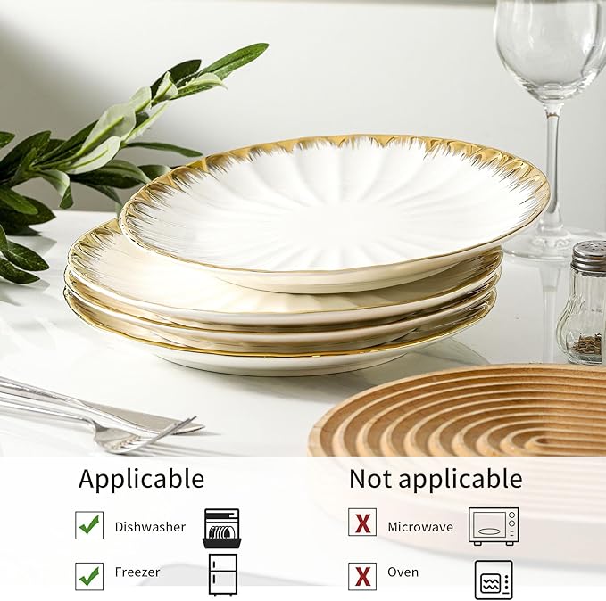 Dinner Plates, Ceramic dinner plates Set of 4, White Dinner Plate with Gold Rim, 10 Inch Dinnerware Dish Set for Kitchen Round Salad-Plates, Dessert Appetizer plate Serving Dishes for Parties