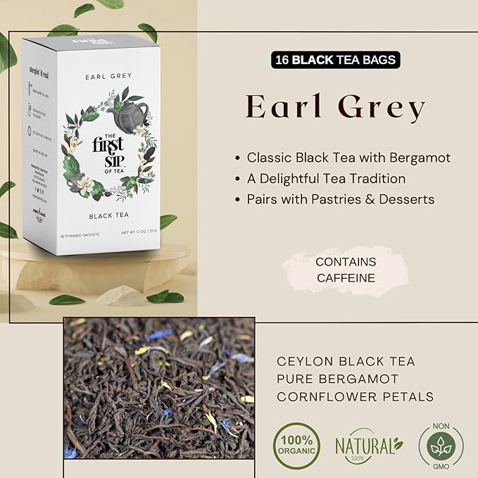 Earl Grey Tea Bags, Pure Bergamot Oil, Caffeinated Black Tea w/Subtle Citrus, Natural - 16 Cups | The Spice Hut, First Sip