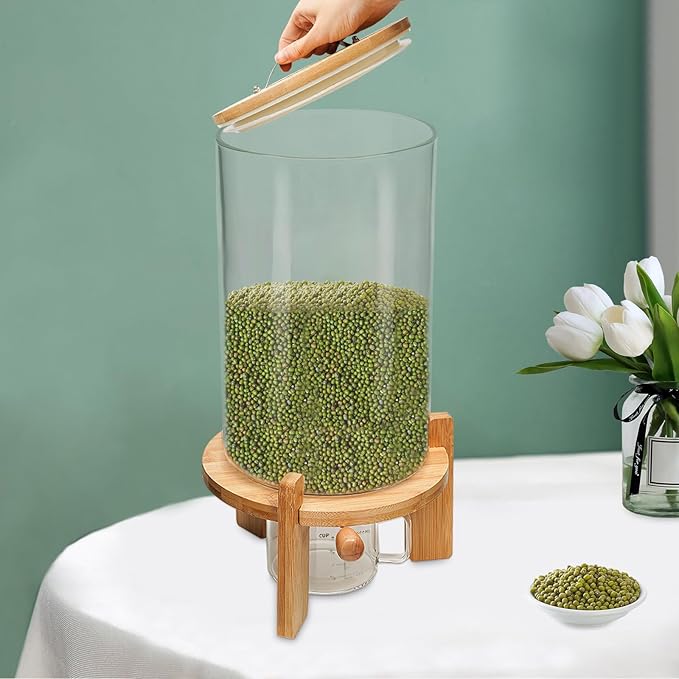 7.5L Glass Rice Dispenser with Wooden Stand, 1.98Gal Flour Storage Container, Grain Storage-Bucket Tabletop Cereal Containers w/Manual Venting Valve,Thermometer, Lid, Measuring Cup (7.5L, 1.98Gal)