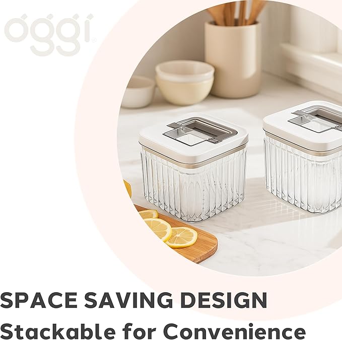 Oggi Airtight Clear Fluted Canister Set of 2 - Stackable Food Storage Containers with Lids, Vintage Modern Farmhouse Style, Kitchen Counter & Pantry Organization, Size - 2 x 40.5 fl oz / 1.2 Lt