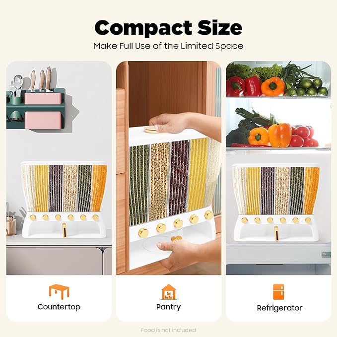 6 Grids Dry Food Dispenser Storage Containers w/Rice Hopper, Rice & Cereal Dispenser for Kitchen Pantry Organization, Storage Bucket for Small Grains, Beans