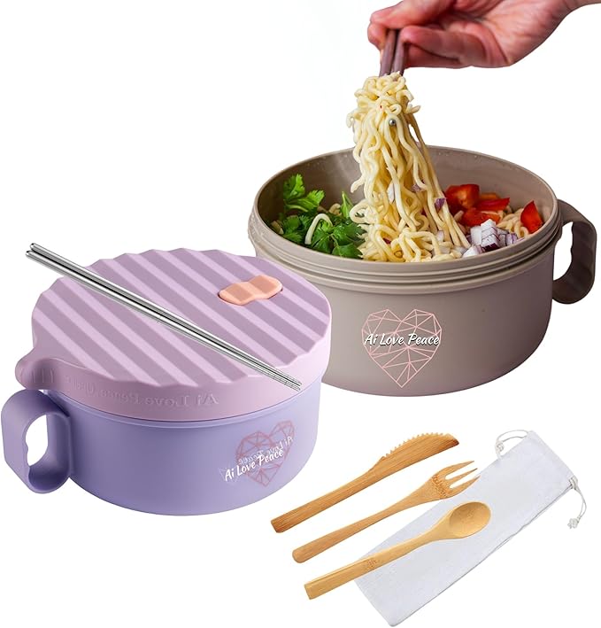 AI LOVE PEACE 2 Pack Microwave Ramen Bowls, 40 oz Ramen Noodle Bowl Set with Lids, Soup Bowls for Pho, Pasta, Rice and Oatmeal, Dishwasher Safe (Purple & Beige)