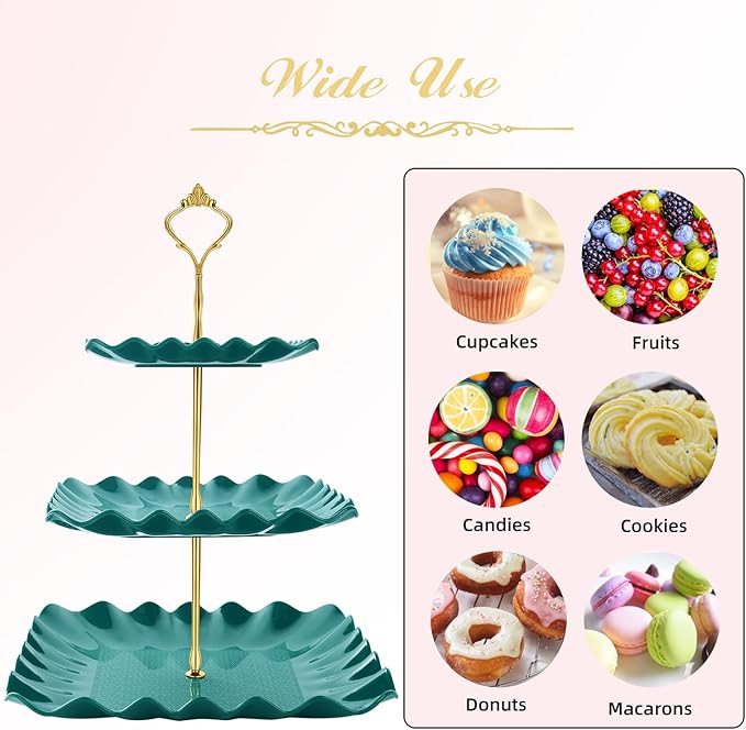 DAFURIET Dessert Cupcake Stand, 3 Tier Cup Cake Holder Tower for Tea Party/Birthday/Wedding, Plastic Tiered Serving Tray with Metal Rod (Green)