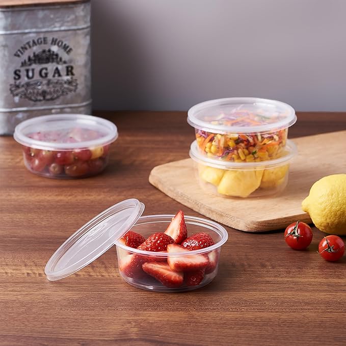 FULING 150 Set - 8 oz. Plastic Deli Food Storage Containers With Lids Disposable Clear Small Togo Containers