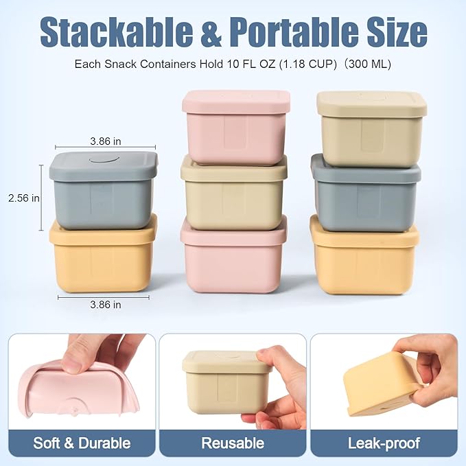 8 pcs 10 oz Silicone Snack Containers with Lids Silicone Food Storage Containers, Baby Snack Container Small Lunch Container for Kids, Daycare, School and Travel