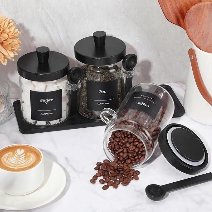 Suclain 3 Pcs Glass Coffee Container with Wooden Lid Spoon Shelf Labels Clear Airtight Jar Food Storage Canister Set for Sugar Spice Coffee Bean Holder Housewarming Gift(20 oz,Black Bamboo)