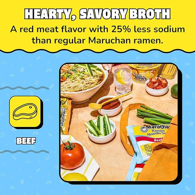Maruchan Ramen Noodle Soup, Less Sodium Beef Flavor – Japanese-Style Instant Noodles, Quick & Easy Meal for Students & Busy Families – 3 Oz. (24 Pack)