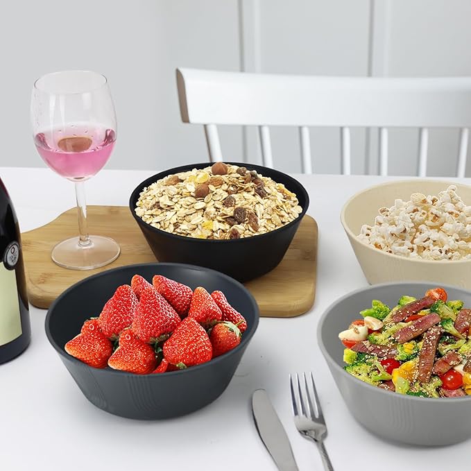 PYRMONT Large Salad Bowl 36 OZ Wheat Straw Bowls Set of 8 Alternative Plastic Bowls Dishwasher & Microwave Safe Large Serving Bowl for Party Unbreakable Soup Bowls for Camping Kitchen Bowls-Grey Stone