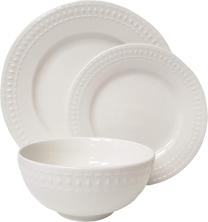 Tabletops Gallery Embossed White Porcelain Round Dinnerware - Bloom 12 Piece Dinnerware Set