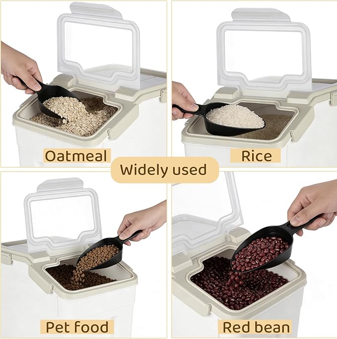 Rice Storage Container 25 lbs Large Household Flour Sugar Containers Airtight Grain Cereal Dispenser with Wheels, Locking Lid & Measuring Cup for Kitchen Pantry Organization, 2 Pack(Grey)
