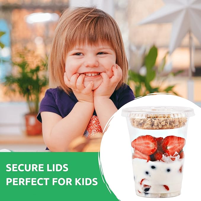 Aatriet [150 SETS 12 oz Clear Plastic Parfait Cups with Insert 3.25oz & Flat Lids No Hole, Yogurt Fruit Parfait Cups for Kids, for Dips and Veggies, Take Away Breakfast and Snacks. No Leaking