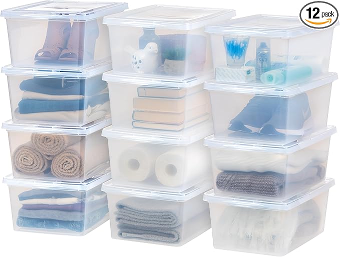 IRIS USA 12-Pack Storage Bins with Lids, 17 Quart, Shoe Boxes Clear Stackable Containers Organize Shoes Closet Shelves, Classroom Organization Teacher Tools, Game Storage - BPA-Free Plastic
