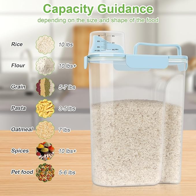LEAWALK Airtight 10LBS Rice/Cereal/Dry Food Storage Container BPA Free, 5.28Qt Clear Plastic Kitchen and Pantry Organization Bin Suitable for Oats, Flour, Sugar, Pasta, Pet Food, etc (Sky blue)