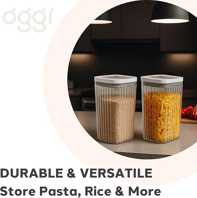 Oggi Airtight Clear Fluted Canister Set of 2 - Stackable Food Storage Containers with Lids, Vintage Modern Farmhouse Style, Kitchen Counter & Pantry Organization, Size - 2 x 88 fl oz / 2.6 Lt