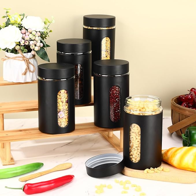 Patelai 6 Pack Kitchen Canisters Set Airtight Stainless Steel Canister Food Storage Container with Window Glass, Coffee Sugar Candy Jars Tea Organizer for Flour Cookies Spice (Black,32 oz)