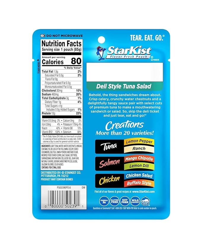 StarKist Tuna Creations Variety Pack, 3-Pack Trial (Tuna Salad, Lemon Pepper, Herb & Garlic), Ready-to-Eat Tuna Pouches, 13g–18g Protein, On-the-Go Snack or Meal