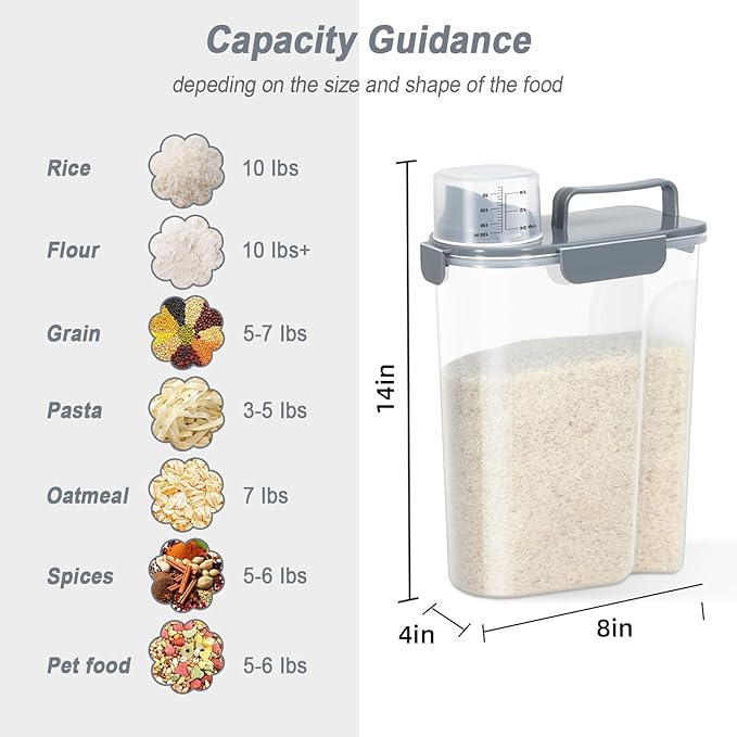 LEAWALK Airtight Rice Storage Container, 7-10Lbs Cereal Dry Food Flour Bin, Pet Dog Cat Food Dispenser with Measuring Cup, BPA Free Plastic Kitchen and Pantry Organization Bin for Sugar-Gray