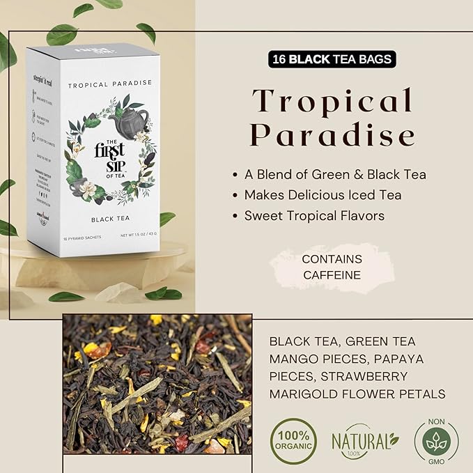Tropical Paradise, Mango, Strawberry, Papaya, Black & Green Tea, Pyramid Sachet Tea Bags, Caffeinated, Hot & Iced Tea - 16 Cups | The Spice Hut, First Sip Of Tea