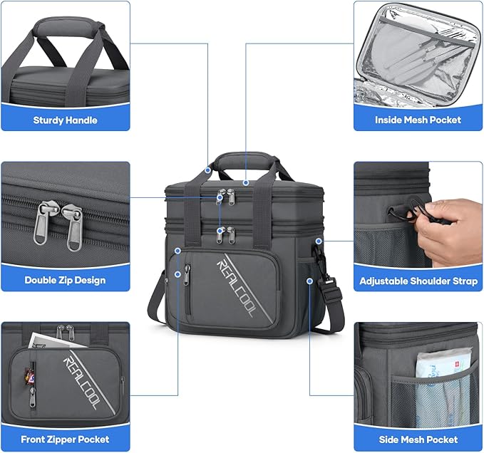 RealCool Lunch Bag, Insulated Lunch Box for Men Women, Double Deck Leakproof Soft Cooler Bag with Adjustable Strap, Reusable Lunchbox for Work, Travel, Camping (Grey)