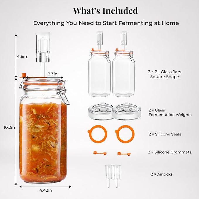 JILLMO Wide Mouth Glass Fermentation Jar with Airlock & Glass Weight, 2L (64oz) Fermenting Jar for Sauerkraut, Kimchi, Pickles & More,Pack of 2