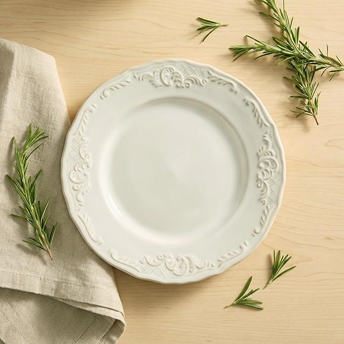 Ceramic dinner plate set (4 pieces), ceramic dinner plates, embossed salad plates, kitchen porcelain tableware, microwave/oven/dishwasher safe, scratch resistant. (off-white1)