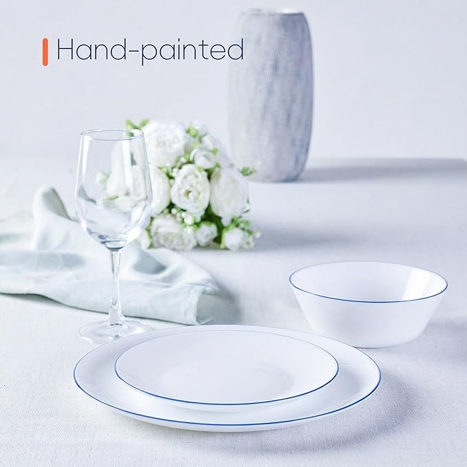 LaGlint 7.5 inch Appetizer Plate Set of 6, Lightweight Opal Glass Round Salad Plates for Dessert Kitchen, Dishwasher and Microwave Safe, Hand Painted Navy Blue Rim