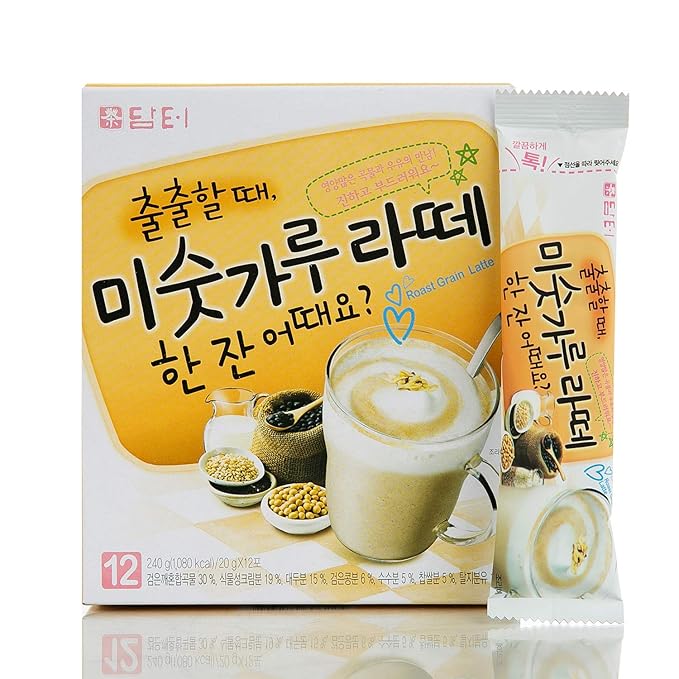 Damtuh Roast Grain Latte 20g x 12 Sticks – Korean Misugaru Latte Powder, Nutty Multigrain Instant Drink Mix, Naturally Caffeine-Free