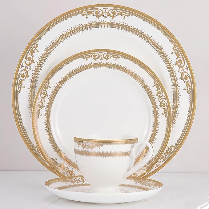 8-piece bone china dinnerware set for 2, gold trim pattern round dinner plates, fine dish set for 2 with coffee cup for dinning, suitable for microwave,oven,dishwasher (dinnerware set for 2 people)