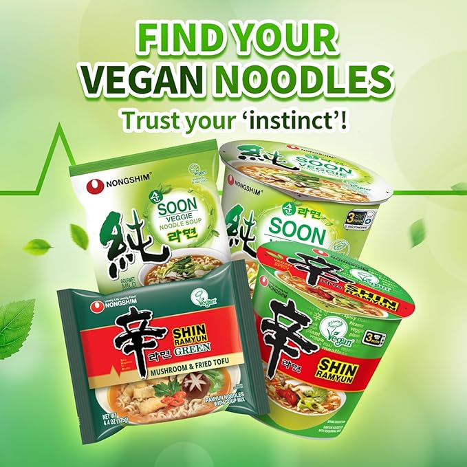 Nongshim Shin Ramyun Green Noodles, Vegan Spicy Korean Instant Ramyun, Mushroom & Fried Tofu Flavor, Bold Veggie Flavored Broth, Quick & Easy, Pantry Essential, Microwaveable, 4.4 oz (Pack of 4)