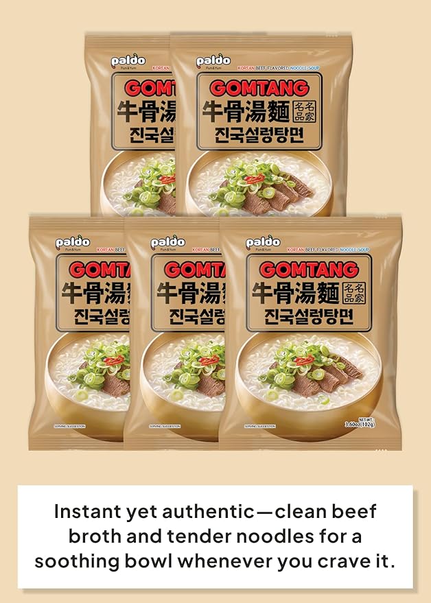 Korean Food Paldo Gomtang Noodle Soup, 5 Pack (3.6oz Each) – Instant Korean-Style Broth Ramen – Mild & Savory Gomtang Flavor with Chewy Noodles