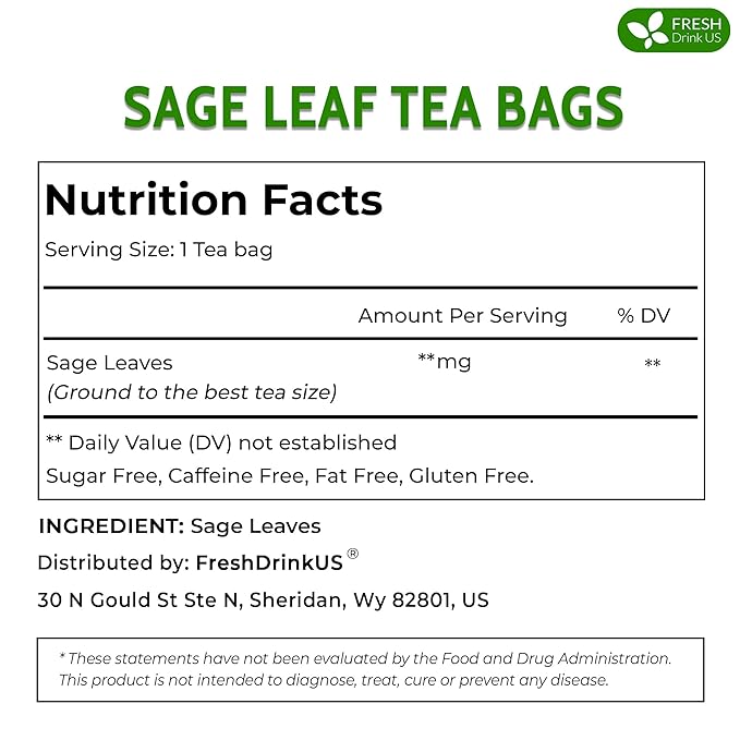 FreshDrinkUS, Premium 35 Sage Leaf Tea Bags, 100% Natural & Pure from Sage Leaves. Loose Leaf Herbal Tea. Made with Natural Material Tea Bags. No Sugar, No Caffeine, No Gluten, Vegan.