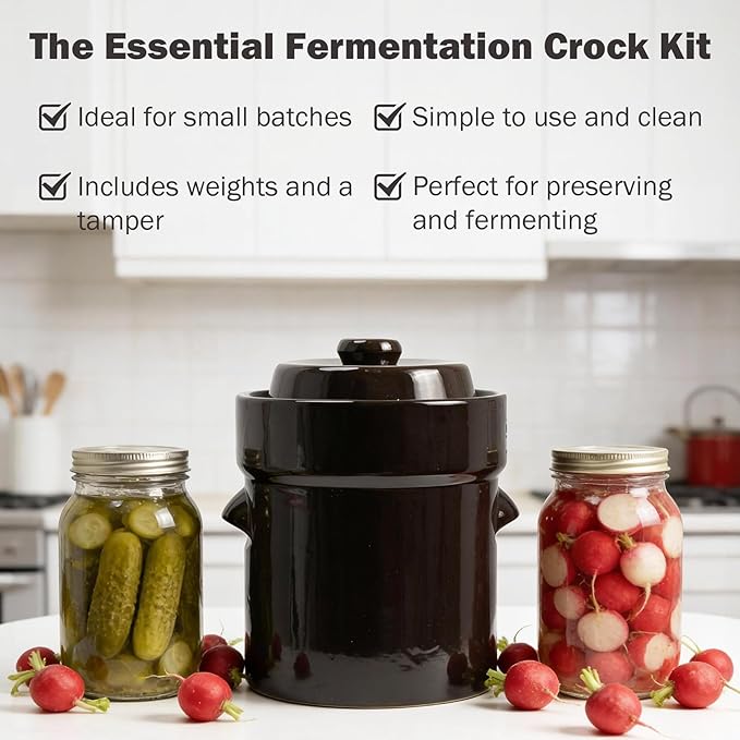 Seeutek Fermentation Crock Jar 1/2 Gallon - Sauerkraut Crock with Lid, Weights & Pounder, Stoneware Pickle Pot for Pickling Kimchi, Pickles, Vegetables, Kombucha, 2 Liter Ceramic Fermenting Crock Kit