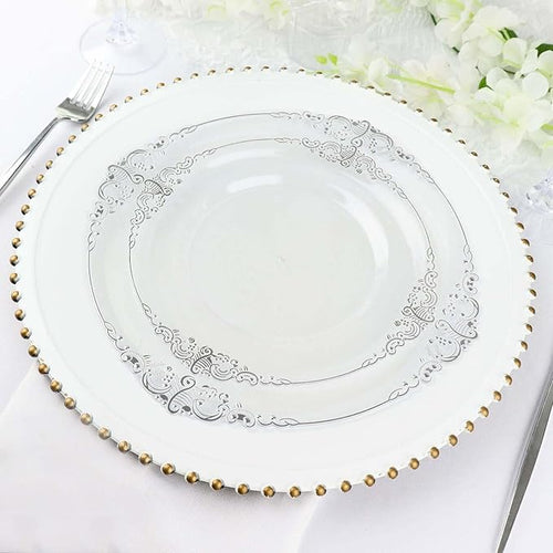 Efavormart 10 Pack | 8" Clear and Silver Baroque Dessert Plates, Leaf Embossed Metallic Rim Shatterproof Appetizer Plates for Modern Winter Galas
