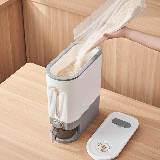 Sooyee 22 Lbs Rice Dispenser, Large Grain Container Storage with Lid Measuring Cylinder Moisture Proof Household Cereal Dispenser Bucket for Kitchen Soybean Corn, White and Grey