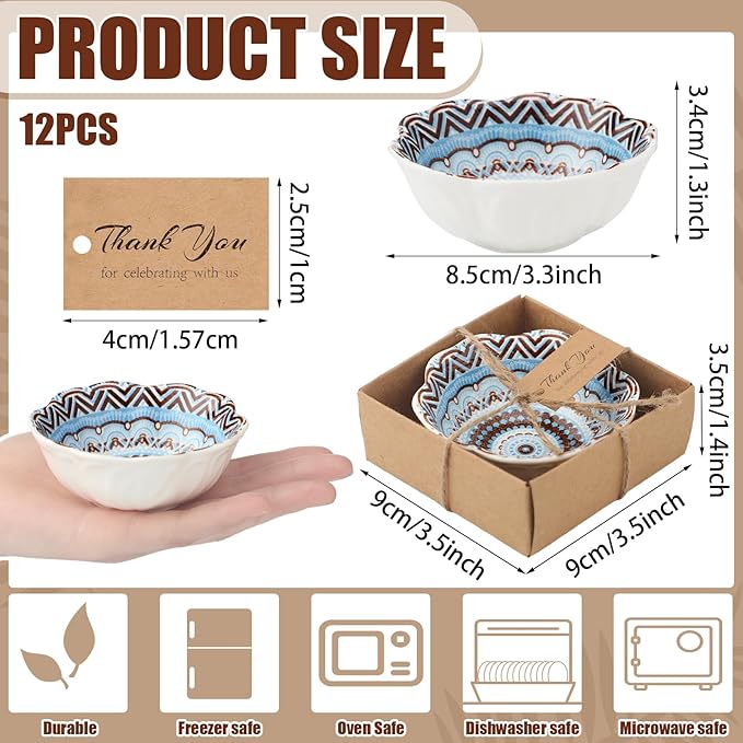 12 Pcs Wedding Favors for Guests 3.3 Inches Small Ceramic Bowl Dipping Bowl Mexican Pottery Boho Dishes Wedding Souvenirs for Bridal Pooja Baby Shower Birthday Guest Return Gift (Bohemian)